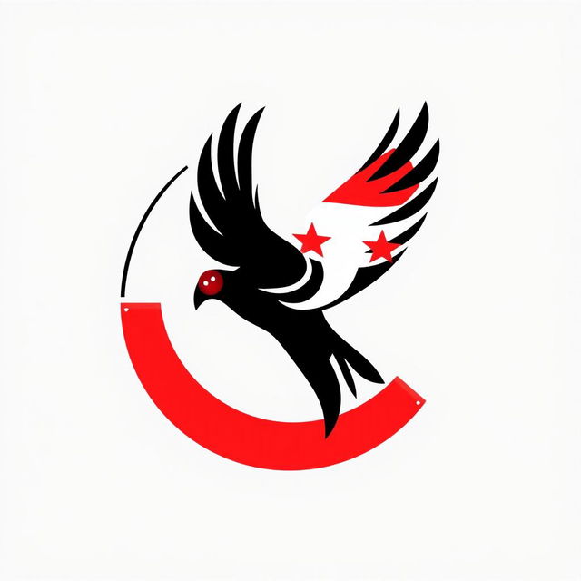 A simple and modern logo design featuring a stylized falcon emerging from a media symbol, incorporating the colors of the Syrian Revolution flag: red, black, and white