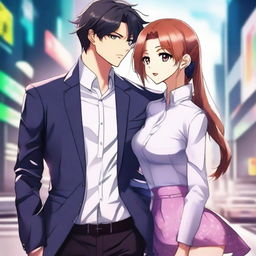 A high-quality digital anime art piece, portraying a sophisticated couple standing next to each other in a playful teasing manner