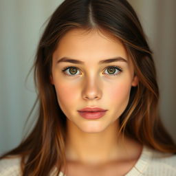 A beautiful girl with chestnut brown hair, warm honey-colored eyes, a refined nose, and soft rosy lips