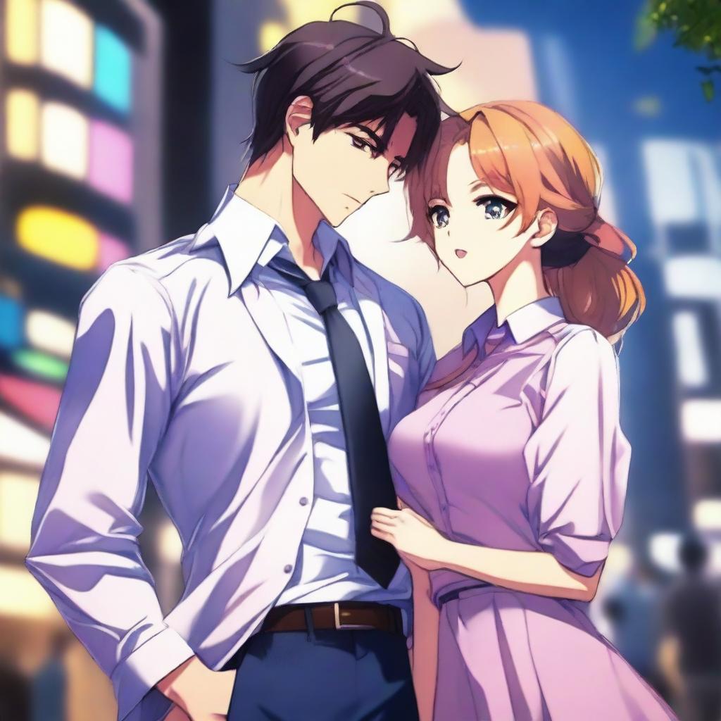 A high-quality digital anime art piece, portraying a sophisticated couple standing next to each other in a playful teasing manner