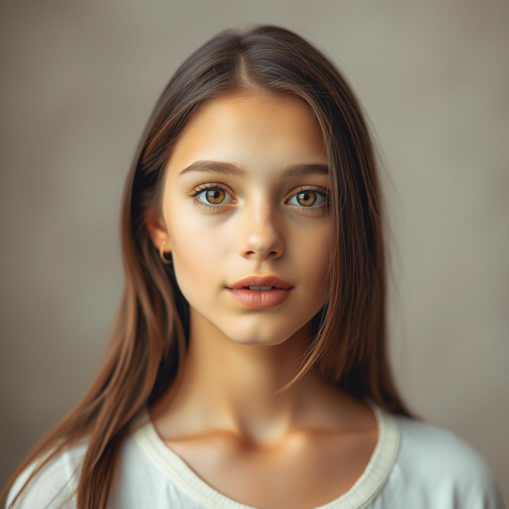 A beautiful girl with chestnut brown hair, warm honey-colored eyes, a refined nose, and soft rosy lips