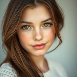 A beautiful girl with chestnut brown hair, warm honey-colored eyes, a refined nose, and soft rosy lips