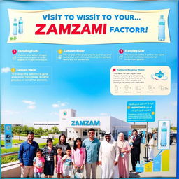 A vibrant and informative poster showcasing a visit to the Zamzam factory