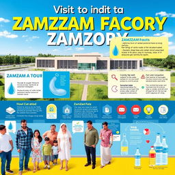 A vibrant and informative poster showcasing a visit to the Zamzam factory