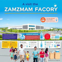 A vibrant and informative poster showcasing a visit to the Zamzam factory