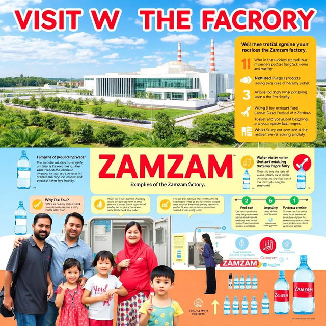 A vibrant and informative poster showcasing a visit to the Zamzam factory