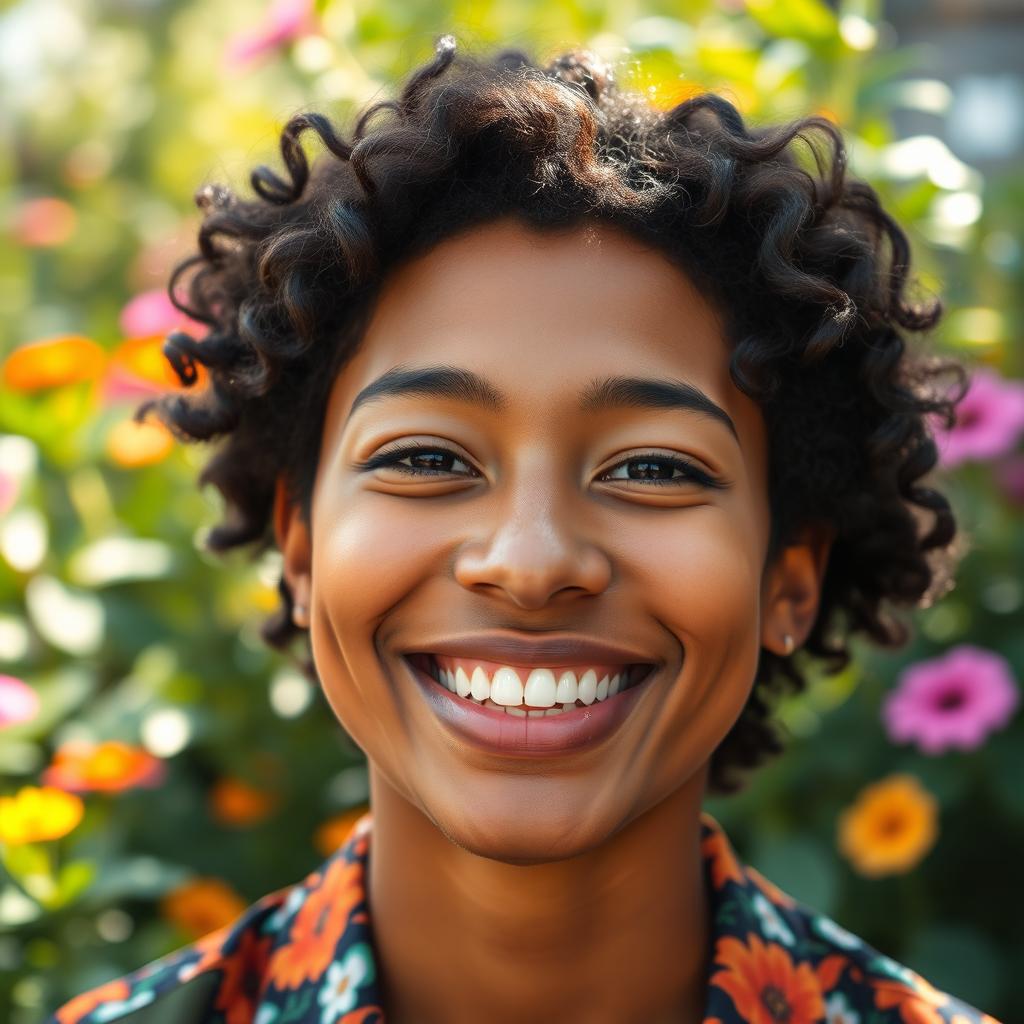 A close-up portrait of a person with a natural, infectious smile, radiating joy and positivity