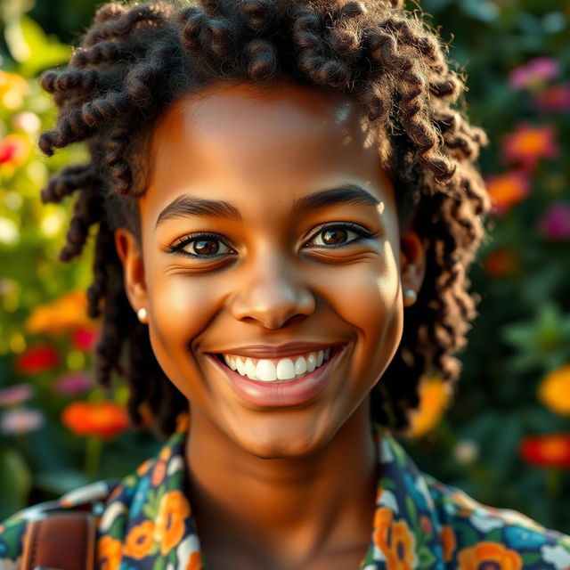 A close-up portrait of a person with a natural, infectious smile, radiating joy and positivity