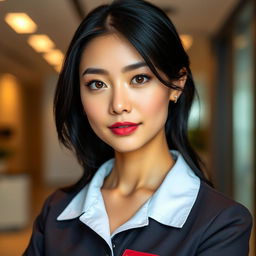 A young woman with glossy black hair, honey-colored eyes, a refined nose, and soft pink lips