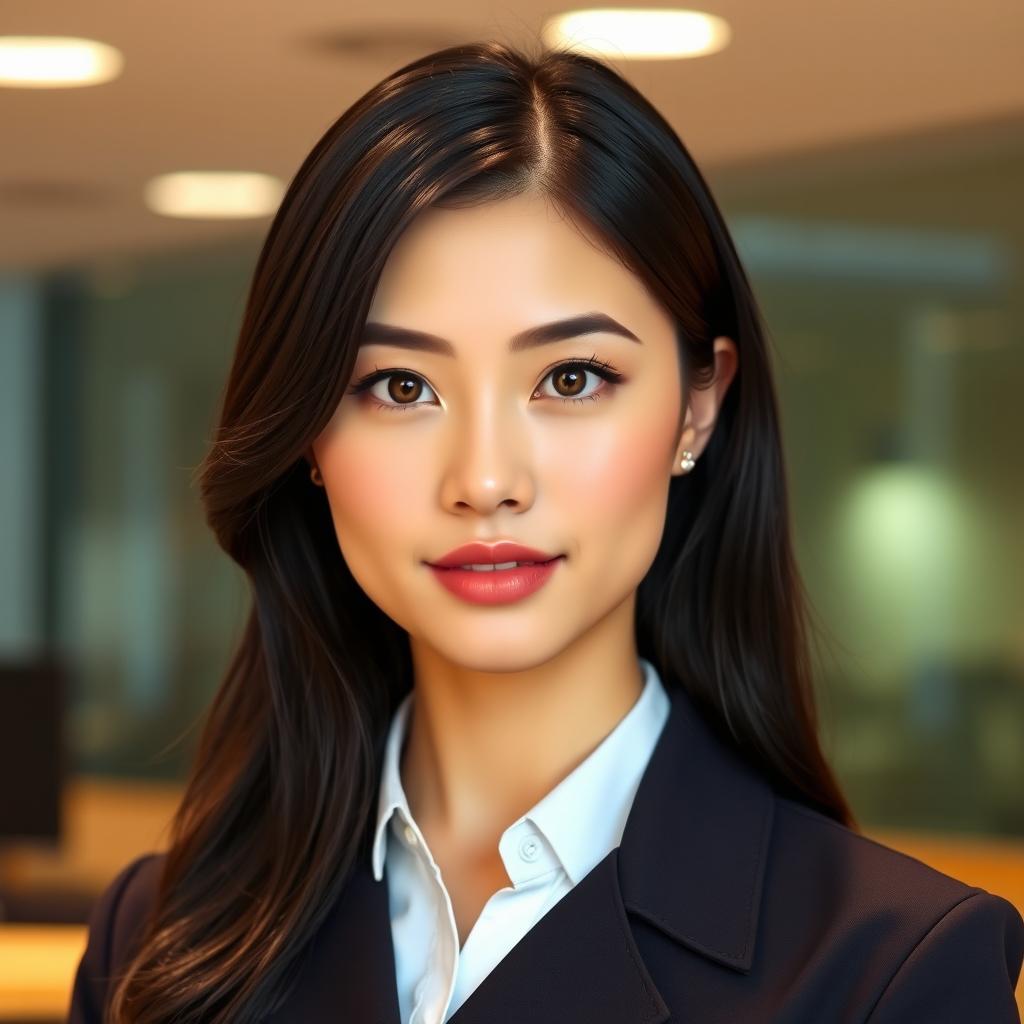 A young woman with glossy black hair, honey-colored eyes, a refined nose, and soft pink lips