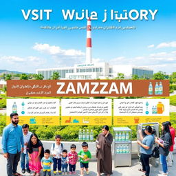 A vibrant and informative Persian poster showcasing a visit to the Zamzam factory