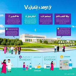 A vibrant and informative Persian poster showcasing a visit to the Zamzam factory