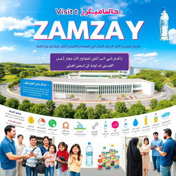 A vibrant and informative Persian poster showcasing a visit to the Zamzam factory