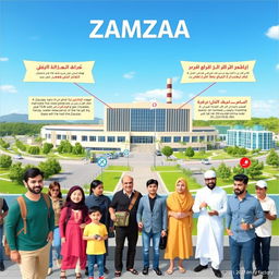 A vibrant and informative Persian poster showcasing a visit to the Zamzam factory