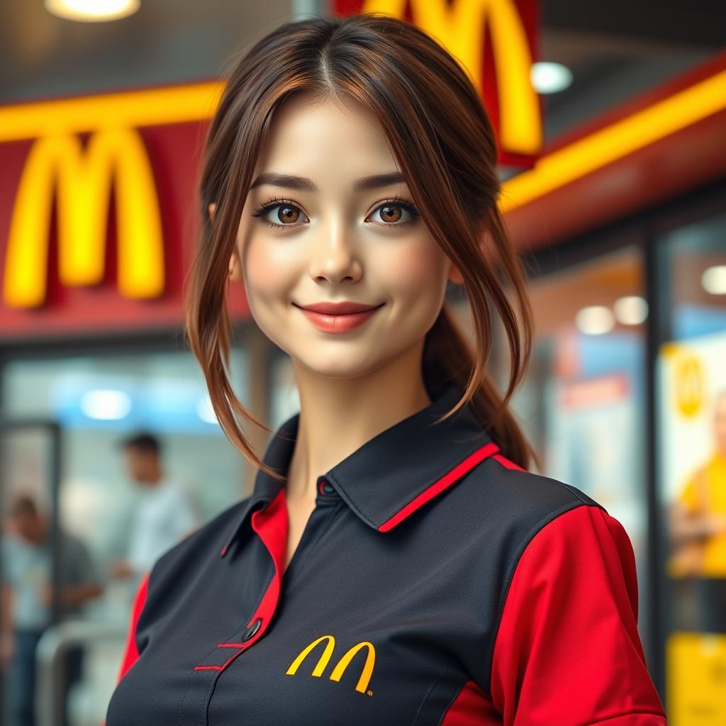 A beautiful brown-haired girl with honey-colored eyes, a refined nose, and pink lips, wearing a McDonald's uniform