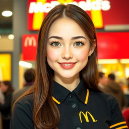 A beautiful brown-haired girl with honey-colored eyes, a refined nose, and pink lips, wearing a McDonald's uniform
