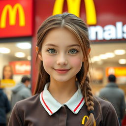 A beautiful brown-haired girl with honey-colored eyes, a refined nose, and pink lips, wearing a McDonald's uniform