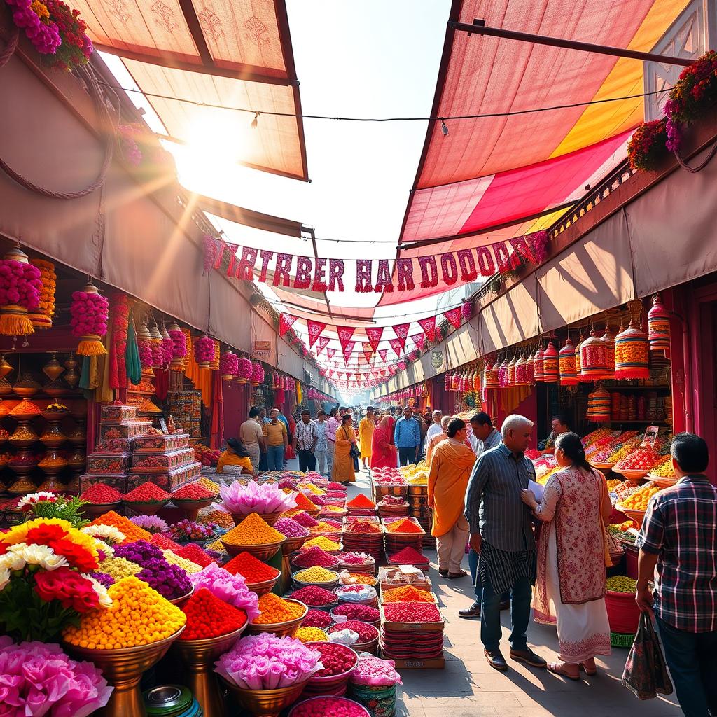 A vibrant and colorful cover photo showcasing the KhushbooBazar, a bustling marketplace filled with an array of flowers, spices, and handmade crafts