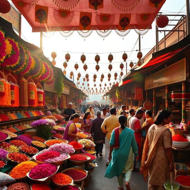 A vibrant and colorful cover photo showcasing the KhushbooBazar, a bustling marketplace filled with an array of flowers, spices, and handmade crafts