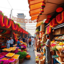 A vibrant and colorful cover photo showcasing the KhushbooBazar, a bustling marketplace filled with an array of flowers, spices, and handmade crafts