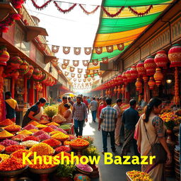 A vibrant and colorful cover photo showcasing the KhushbooBazar, a bustling marketplace filled with an array of flowers, spices, and handmade crafts