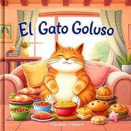 A delightful book cover illustration featuring a plump and contented cat sitting comfortably in a cozy living room of a charming house