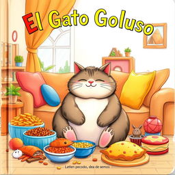 A delightful book cover illustration featuring a plump and contented cat sitting comfortably in a cozy living room of a charming house