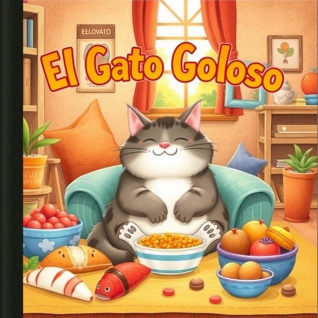 A delightful book cover illustration featuring a plump and contented cat sitting comfortably in a cozy living room of a charming house