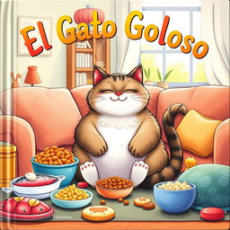 A delightful book cover illustration featuring a plump and contented cat sitting comfortably in a cozy living room of a charming house