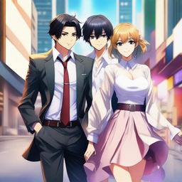 An exquisite digital anime art piece, vividly illustrating a sophisticated couple standing side by side in a dynamic pose, engaging in playful teasing