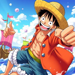 A dynamic action scene featuring Luffy from One Piece, showcasing his iconic straw hat and elastic abilities