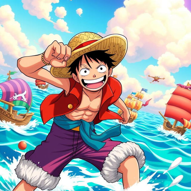 A dynamic action scene featuring Luffy from One Piece, showcasing his iconic straw hat and elastic abilities