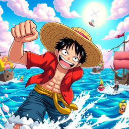 A dynamic action scene featuring Luffy from One Piece, showcasing his iconic straw hat and elastic abilities