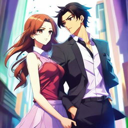 An exquisite digital anime art piece, vividly illustrating a sophisticated couple standing side by side in a dynamic pose, engaging in playful teasing