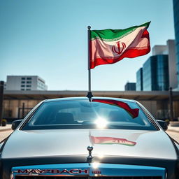 A luxurious Maybach car prominently displayed, adorned with the Iranian flag waving majestically from its antenna