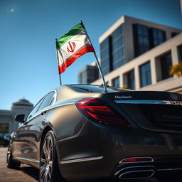 A luxurious Maybach car prominently displayed, adorned with the Iranian flag waving majestically from its antenna