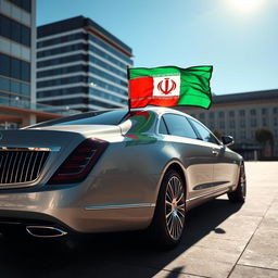 A luxurious Maybach car prominently displayed, adorned with the Iranian flag waving majestically from its antenna