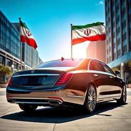 A luxurious Maybach car prominently displayed, adorned with the Iranian flag waving majestically from its antenna