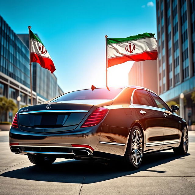 A luxurious Maybach car prominently displayed, adorned with the Iranian flag waving majestically from its antenna