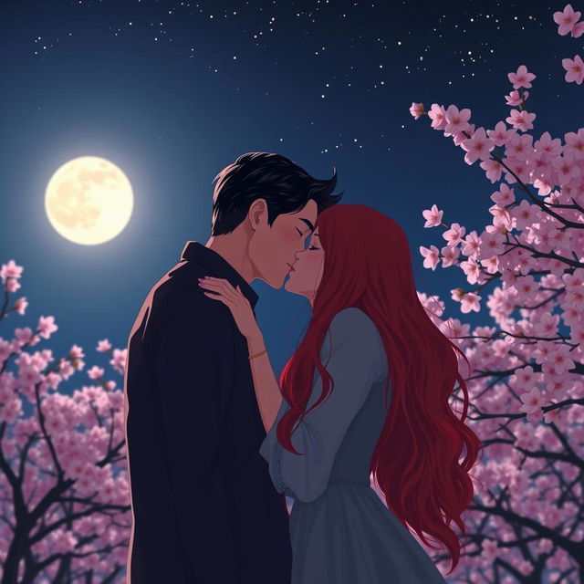 A romantic scene capturing a passionate kiss between a couple under a starry night sky