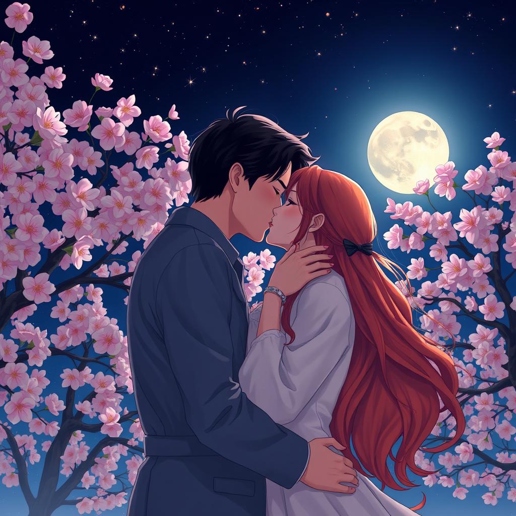 A romantic scene capturing a passionate kiss between a couple under a starry night sky