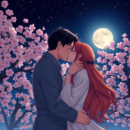 A romantic scene capturing a passionate kiss between a couple under a starry night sky