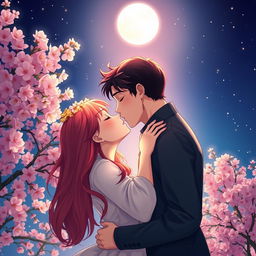 A romantic scene capturing a passionate kiss between a couple under a starry night sky