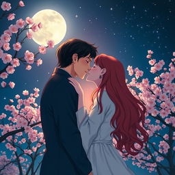 A romantic scene capturing a passionate kiss between a couple under a starry night sky