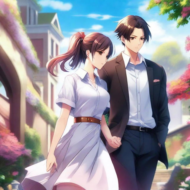 An exquisite digital anime art piece, vividly illustrating a sophisticated couple standing side by side in a dynamic pose, engaging in playful teasing