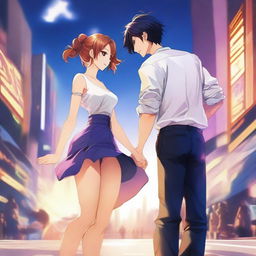 An exquisite digital anime art piece, vividly illustrating a sophisticated couple standing side by side in a dynamic pose, engaging in playful teasing