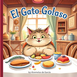 A delightful book cover illustration featuring a chubby, mischievous cat sitting at a dining table in a cozy house, with a look of pure enjoyment as it indulges in a variety of delicious foods