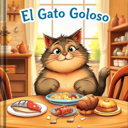 A delightful book cover illustration featuring a chubby, mischievous cat sitting at a dining table in a cozy house, with a look of pure enjoyment as it indulges in a variety of delicious foods