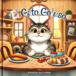 A delightful book cover illustration featuring a chubby, mischievous cat sitting at a dining table in a cozy house, with a look of pure enjoyment as it indulges in a variety of delicious foods