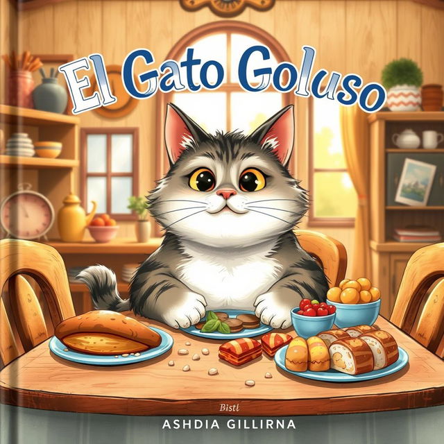 A delightful book cover illustration featuring a chubby, mischievous cat sitting at a dining table in a cozy house, with a look of pure enjoyment as it indulges in a variety of delicious foods